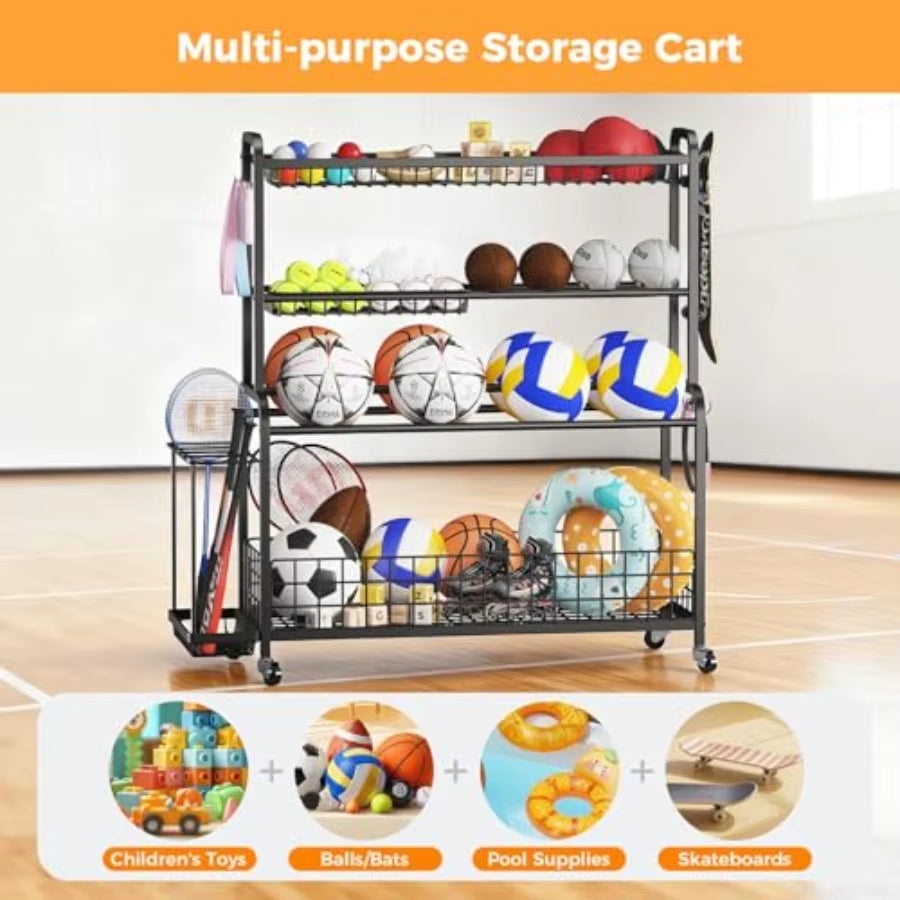 Oversized Sports Equipment Organizer 4 Layers Garage Organization Ball Storage Rack with Wheels Hooks and Baskets Ball Organize