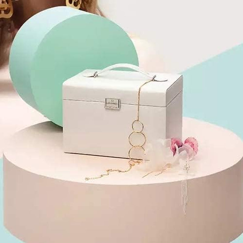 Mirrored Jewelry Box Organizer, Leather Jewelry Storage Case, Necklaces Earrings Rings Brackets Box Holder, Pearl White