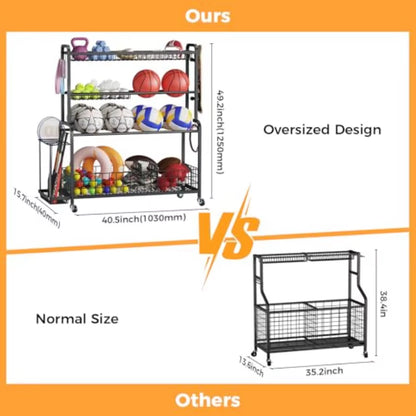 Oversized Sports Equipment Organizer 4 Layers Garage Organization Ball Storage Rack with Wheels Hooks and Baskets Ball Organize