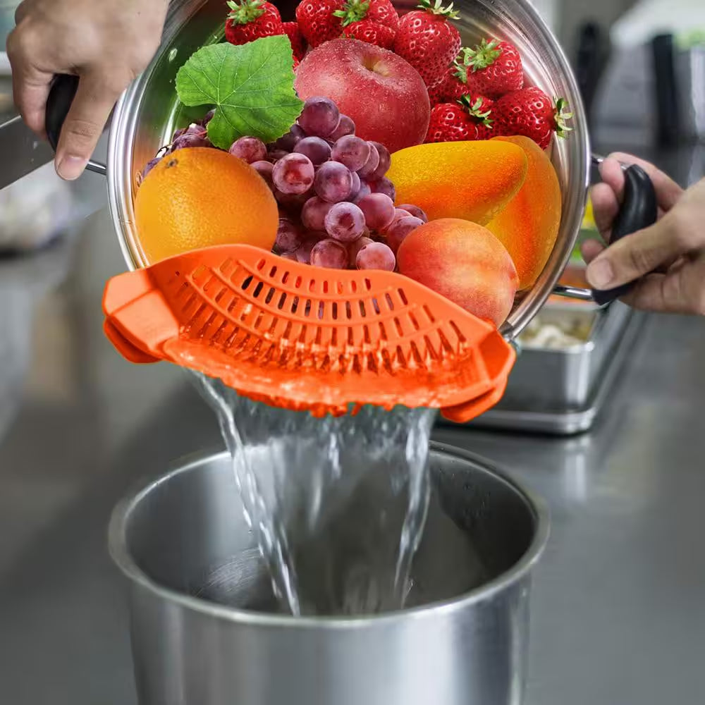 Multipurpose Clip-On Strainer Silicone Kitchen Colander in Orange