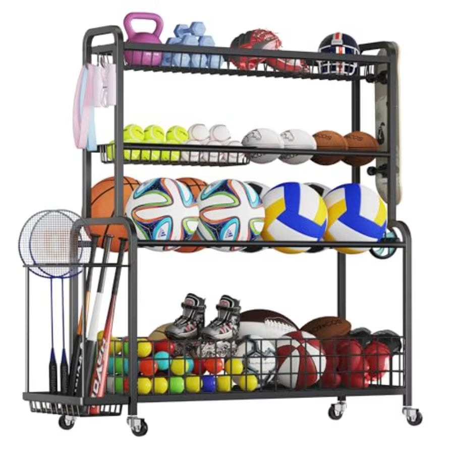 Oversized Sports Equipment Organizer 4 Layers Garage Organization Ball Storage Rack with Wheels Hooks and Baskets Ball Organize