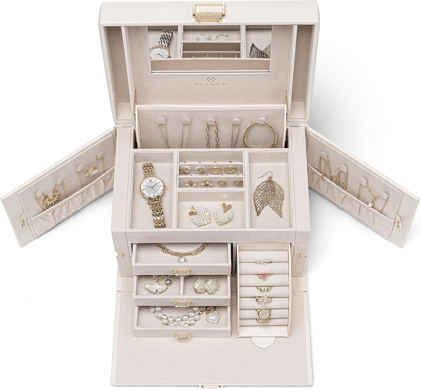 Mirrored Jewelry Box Organizer, Leather Jewelry Storage Case, Necklaces Earrings Rings Brackets Box Holder, Pearl White
