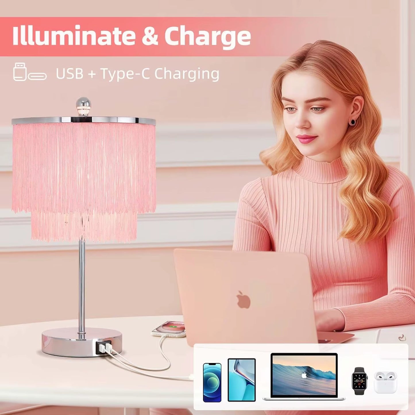 Pink Touch Lamp with USB Port, Dimmable LED Light for Girls Bedroom, Living Room Decor