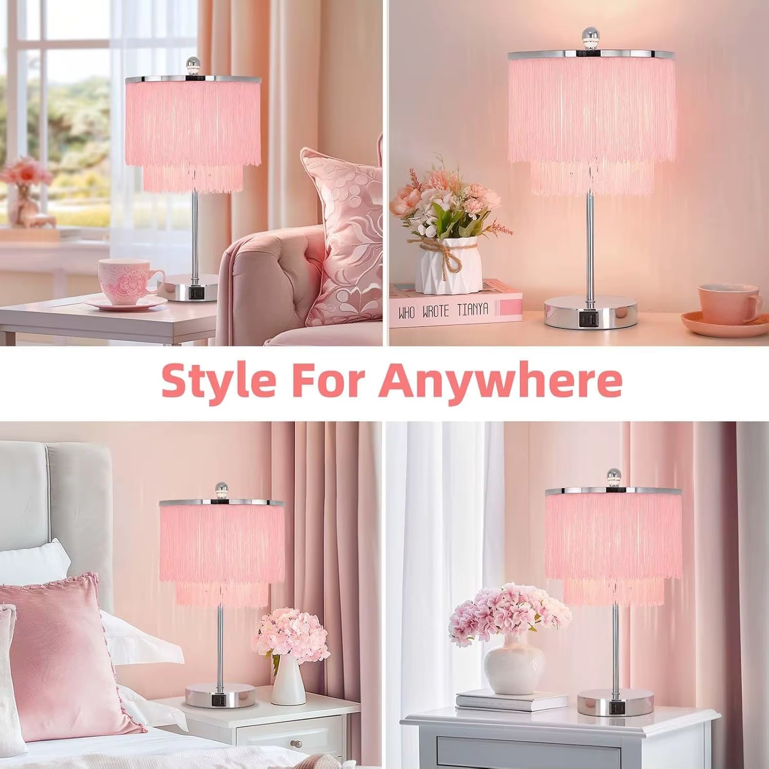 Pink Touch Lamp with USB Port, Dimmable LED Light for Girls Bedroom, Living Room Decor