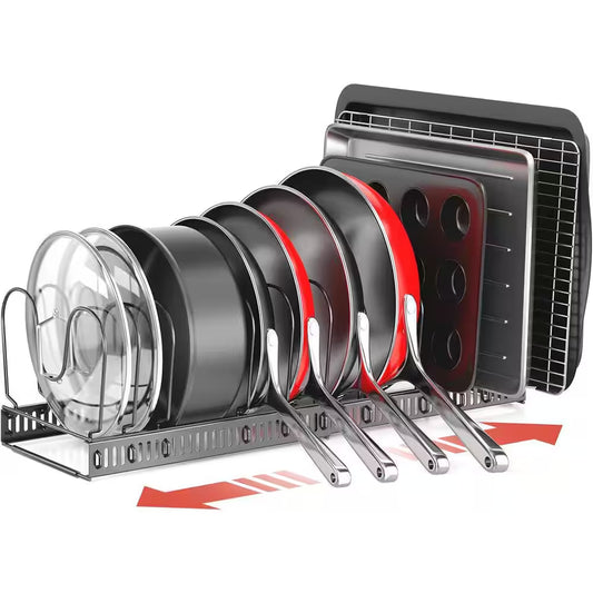 Extendable Pot and Pan Organizer Rack 11.8''-22.8'' with 12 Adjustable Dividers for Kitchen Cabinet Storage Solutions