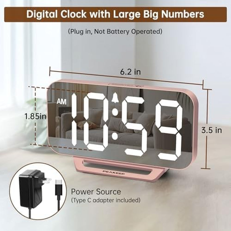 Slim Digital Mirror Alarm Clock Bedroom Living Room Decor Plug
