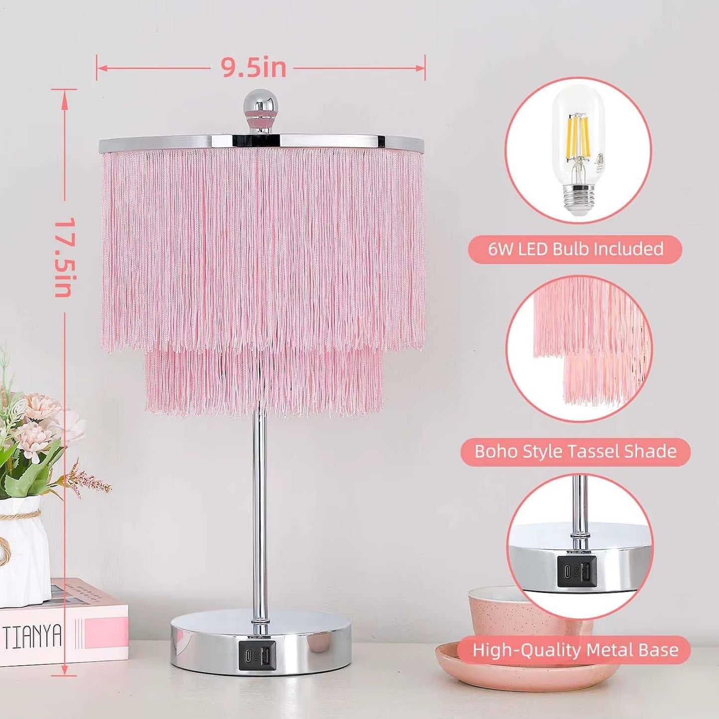 Pink Touch Lamp with USB Port, Dimmable LED Light for Girls Bedroom, Living Room Decor