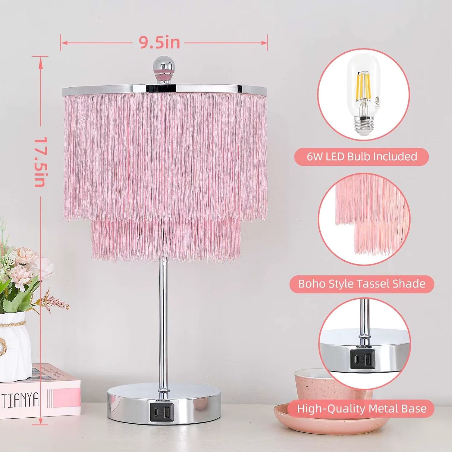 Pink Touch Lamp with USB Port, Dimmable LED Light for Girls Bedroom, Living Room Decor