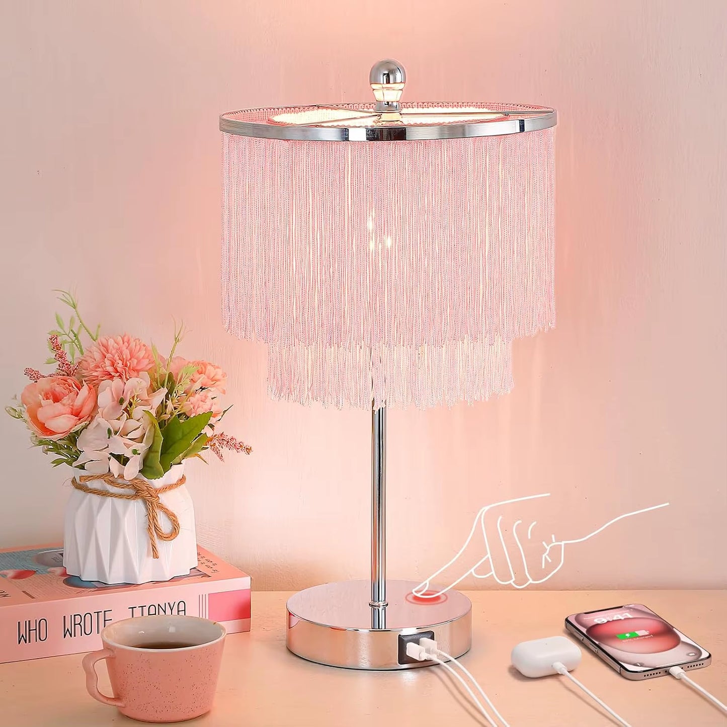 Pink Touch Lamp with USB Port, Dimmable LED Light for Girls Bedroom, Living Room Decor