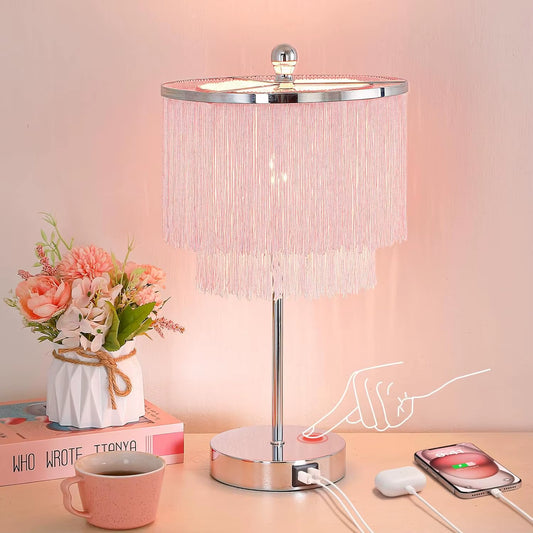 Pink Touch Lamp with USB Port, Dimmable LED Light for Girls Bedroom, Living Room Decor
