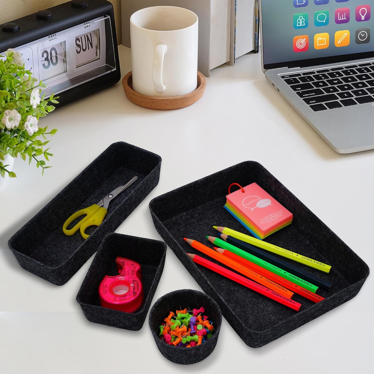 Office Desk Drawer Organizer Tray Felt Storage Bin for Pens Jewelry Makeup Decluttering Sleek Minimalist Living 8-Piece(Carbon)