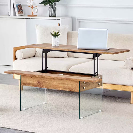 43.3 In. Natural Wood, Transparent Rectangle Glass Coffee Table with Multifunctional Lift Top