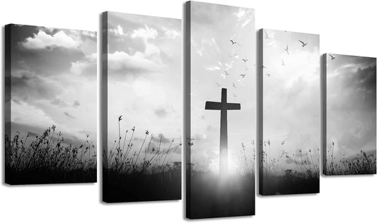 Christian Wall Art for Living Room Black and White Church Wall Decor Religious Jesus Crosses Spiritual Canvas Prints Modern Home Dining Room Decorations 40" W X 22" H 5 Pieces