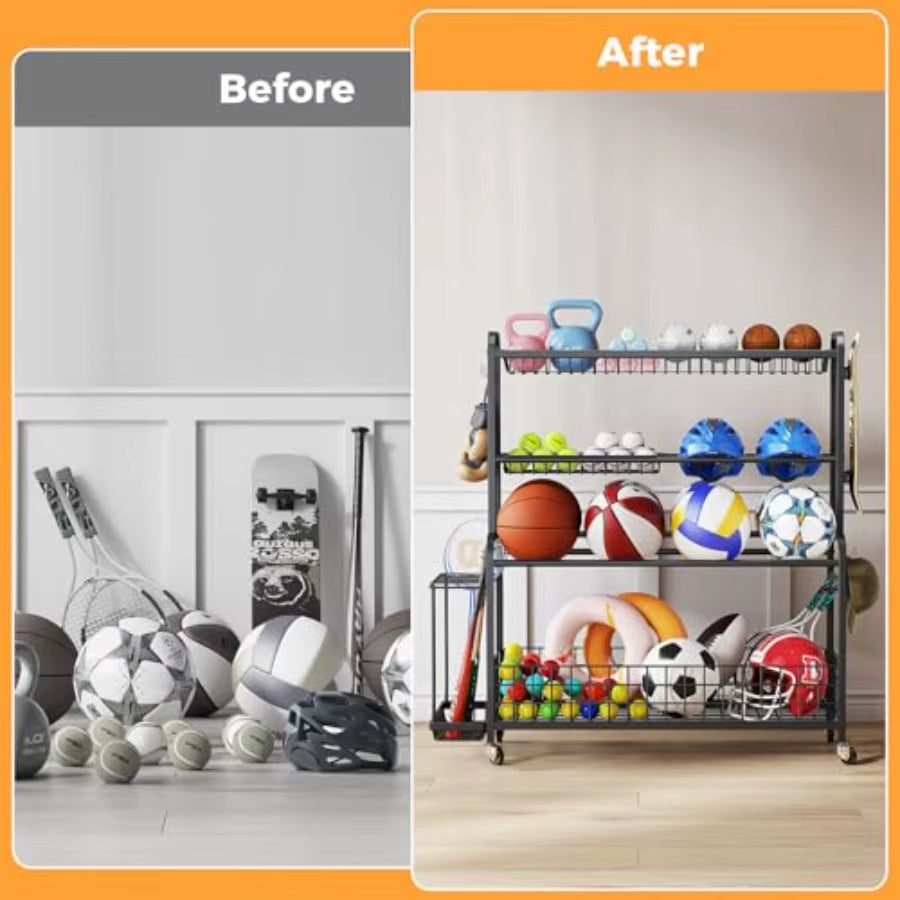 Oversized Sports Equipment Organizer 4 Layers Garage Organization Ball Storage Rack with Wheels Hooks and Baskets Ball Organize