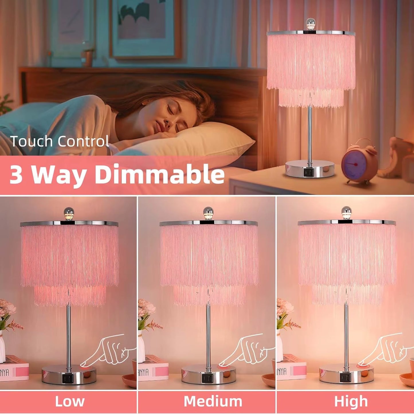 Pink Touch Lamp with USB Port, Dimmable LED Light for Girls Bedroom, Living Room Decor