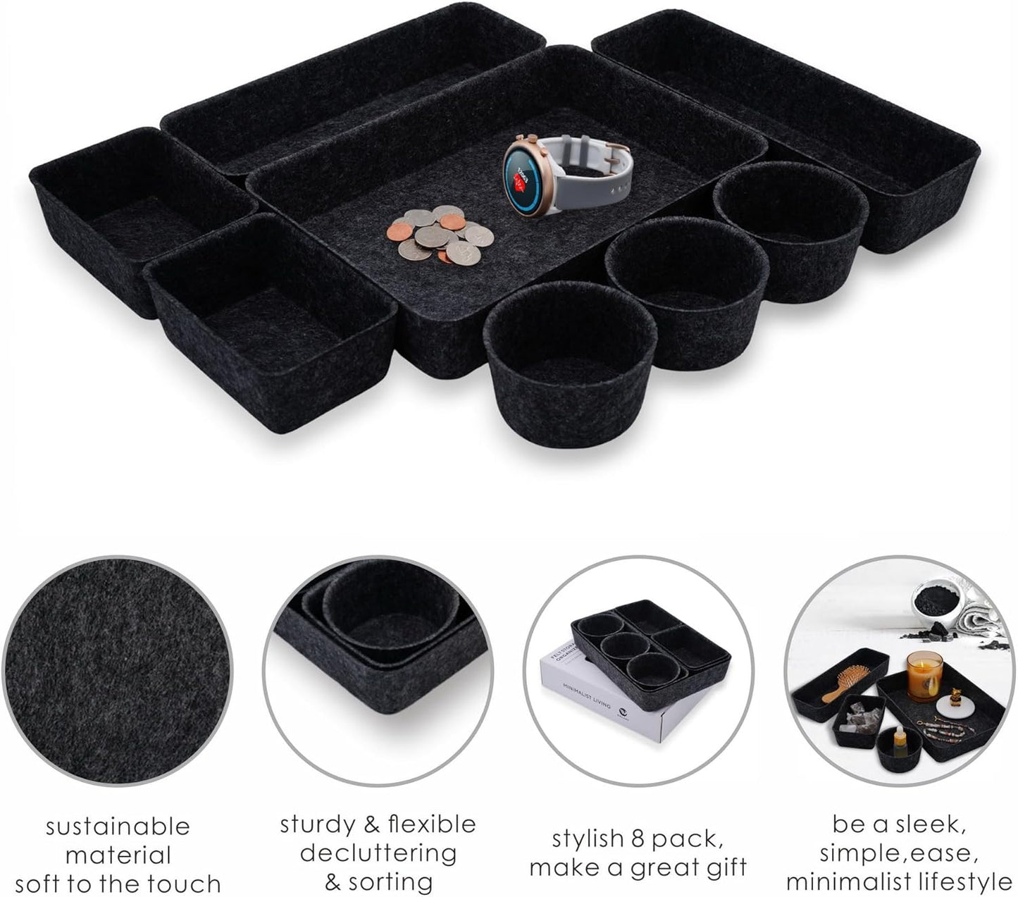 Office Desk Drawer Organizer Tray Felt Storage Bin for Pens Jewelry Makeup Decluttering Sleek Minimalist Living 8-Piece(Carbon)