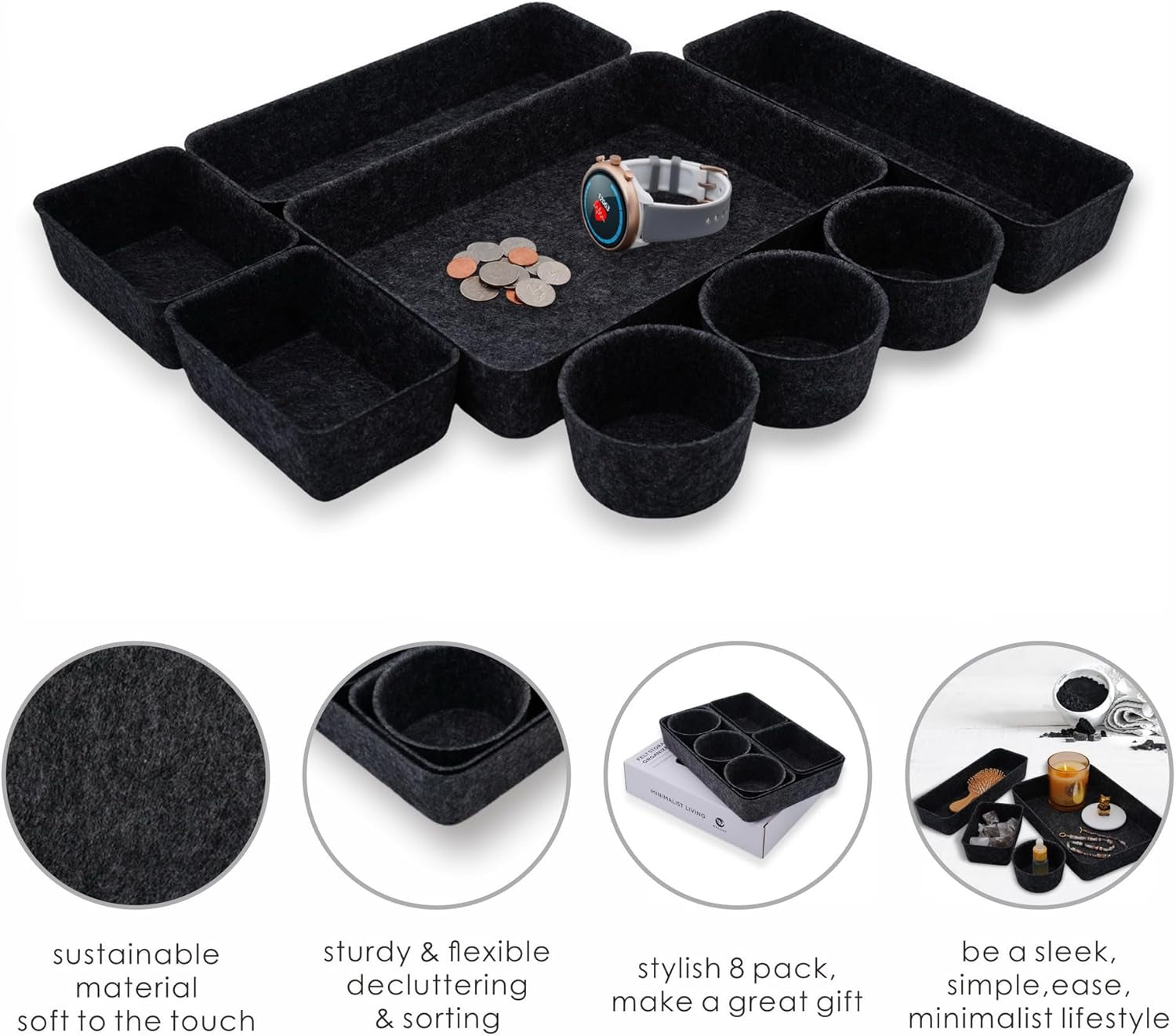 Office Desk Drawer Organizer Tray Felt Storage Bin for Pens Jewelry Makeup Decluttering Sleek Minimalist Living 8-Piece(Carbon)