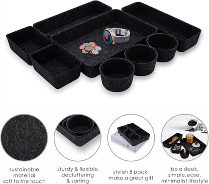 Office Desk Drawer Organizer Tray Felt Storage Bin for Pens Jewelry Makeup Decluttering Sleek Minimalist Living 8-Piece(Carbon)