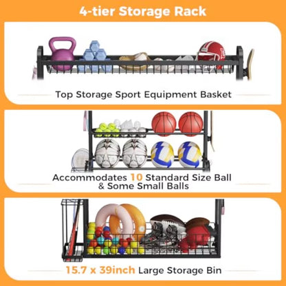 Oversized Sports Equipment Organizer 4 Layers Garage Organization Ball Storage Rack with Wheels Hooks and Baskets Ball Organize