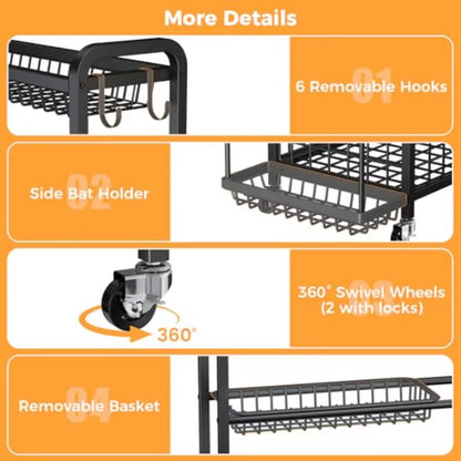 Oversized Sports Equipment Organizer 4 Layers Garage Organization Ball Storage Rack with Wheels Hooks and Baskets Ball Organize
